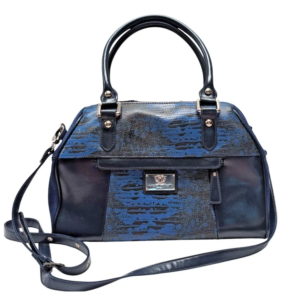 Original Sharif Couture Blue‎ Black Satchel Crossbody Handbag Faux Leather READ